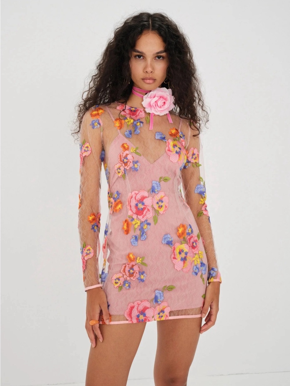For Love And Lemons Percy Mini Dress Pink Sheer Floral with slip dress